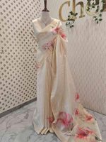 Kerala saree with large hibiscus print all over the body and pallu - Image 3