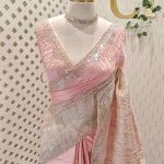 Organza with turkish like thick strips body and sequins and beads border pattern