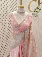 Organza with turkish like thick strips body and sequins and beads border pattern