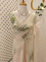 Crushed silk with digital print and cutbeads work and duel border colour