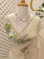 Crushed silk with digital print and cutbeads work and duel border colour - Image 2