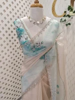 Crushed silk with digital print and cutbeads work and duel border colour - Image 4