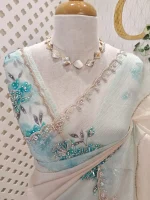 Crushed silk with digital print and cutbeads work and duel border colour - Image 5