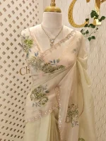 Crushed silk with digital print and cutbeads work and duel border colour - Image 7