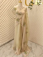 Crushed silk with digital print and cutbeads work and duel border colour - Image 8