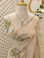 Crushed silk with digital print and cutbeads work and duel border colour - Image 9