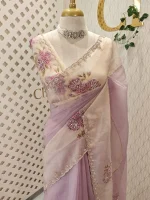 Crushed silk with digital print and cutbeads work and duel border colour - Image 10