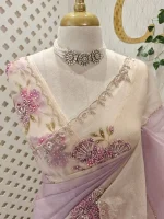 Crushed silk with digital print and cutbeads work and duel border colour - Image 11