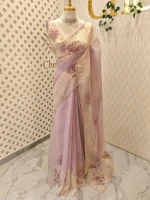 Crushed silk with digital print and cutbeads work and duel border colour - Image 12