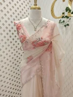 Crushed silk with digital print and cutbeads work and duel border colour - Image 13