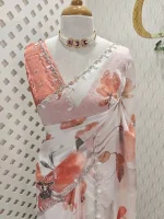 Georgette with contrast large flower print decorated with beads and scalloped boarder - Image 10
