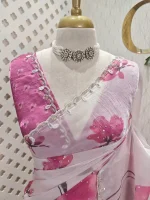 Georgette with contrast large flower print decorated with beads and scalloped boarder - Image 14