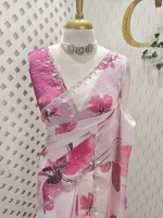 Georgette with contrast large flower print decorated with beads and scalloped boarder - Image 13