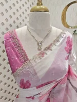 Georgette saree with scattered floral motifs on body decorated with sticky stones and scalloped boarder - Image 14