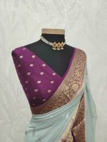 Georgette Banarasi with a plain body, scattered zari-woven buttas,and a contrast floral zari-woven border - Image 23