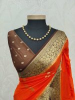 Georgette Banarasi with a plain body, scattered zari-woven buttas,and a contrast floral zari-woven border - Image 38