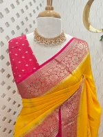 Georgette Banarasi with a plain body, scattered zari-woven buttas,and a contrast floral zari-woven border - Image 14