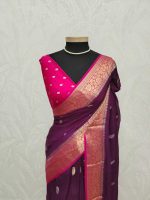 Georgette Banarasi with a plain body, scattered zari-woven buttas,and a contrast floral zari-woven border - Image 17