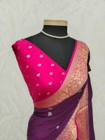 Georgette Banarasi with a plain body, scattered zari-woven buttas,and a contrast floral zari-woven border - Image 18