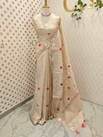 Jute saree with bouquet pattern with French knot embroidery - Image 4