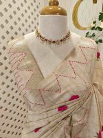 Jute saree with bouquet pattern with French knot embroidery - Image 7