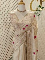 Jute saree with bouquet pattern with French knot embroidery - Image 9