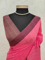 Linen blended checked saree with gold zari grid and zigzag border - Image 6