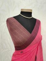 Linen blended checked saree with gold zari grid and zigzag border - Image 7