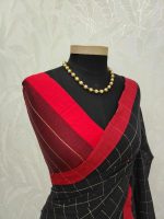 Linen blended checked saree with gold zari grid and zigzag border - Image 4