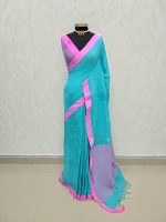 Linen blended checked saree with gold zari grid and zigzag border - Image 8