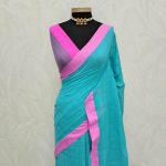 Linen blended checked saree with gold zari grid and zigzag border