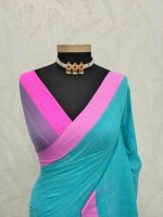 Linen blended checked saree with gold zari grid and zigzag border - Image 9