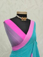 Linen blended checked saree with gold zari grid and zigzag border - Image 10
