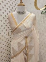 Linen with traditional kasavu stripes and temple inspired border