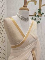 Linen with traditional kasavu stripes and temple inspired border - Image 3