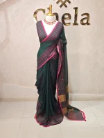 Mul cotton with black checker stripes and gold zari border - Image 3