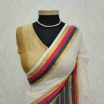 Mul cotton saree with contrast striped zari border