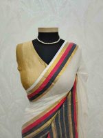 Mul cotton saree with contrast striped zari border