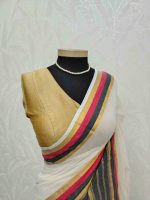 Mul cotton saree with contrast striped zari border - Image 2