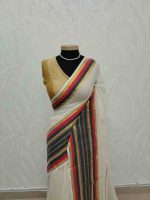 Mul cotton saree with contrast striped zari border - Image 3