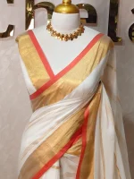 Mul cotton kerala kasavu saree detailed with classic gold zari border