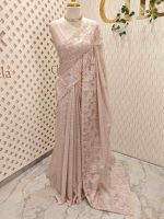 Net kota with grid pattern on body part and boarder with floral shaped applique work and scallop - Image 11