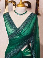 Net saree with leafy sequenced and beads work on border - Image 16