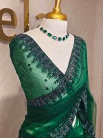 Net saree with leafy sequenced and beads work on border - Image 17