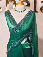 Net saree with leafy sequenced and beads work on border - Image 18