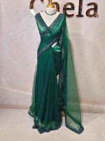Net saree with leafy sequenced and beads work on border - Image 19