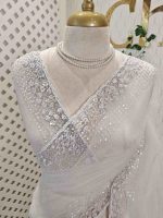 Net saree with sequin and cut-bead handwork border