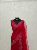 Net saree with floral handwork border