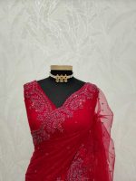 Net saree with floral handwork border - Image 11