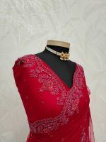 Net saree with floral handwork border - Image 12
